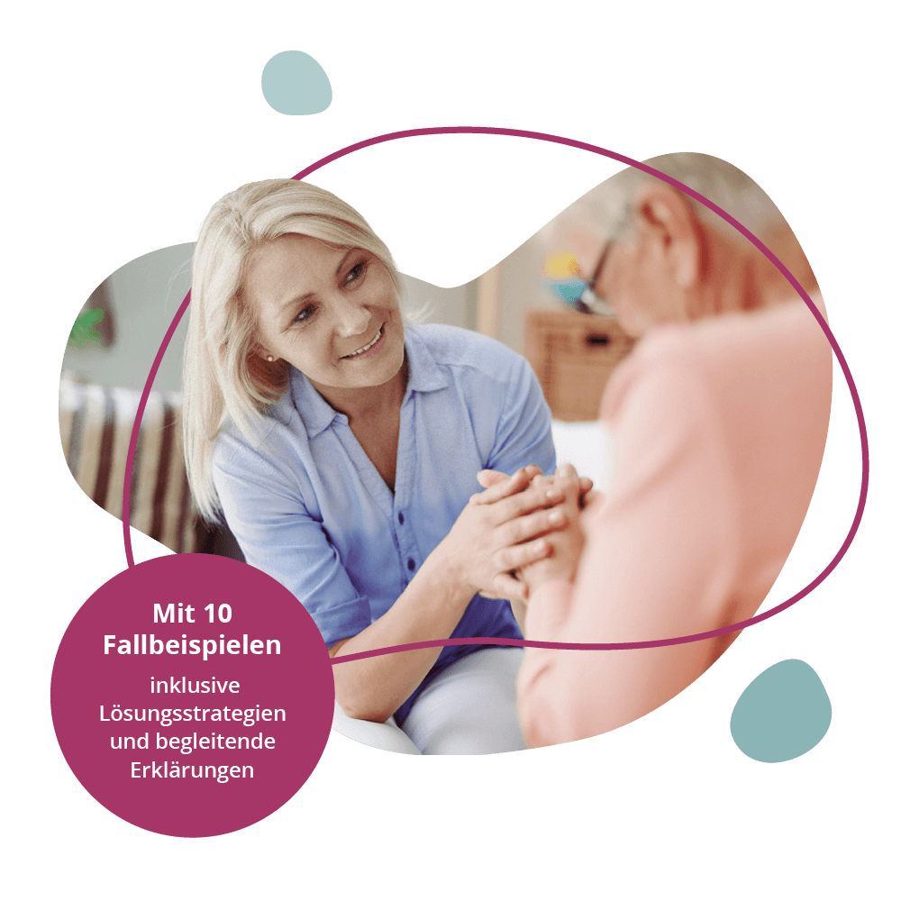 Pflegekraft im Gespräch mit Seniorin – Illustration für empathische Altenpflege mit 10 Fallbeispielen, Lösungsstrategien und Erklärungen