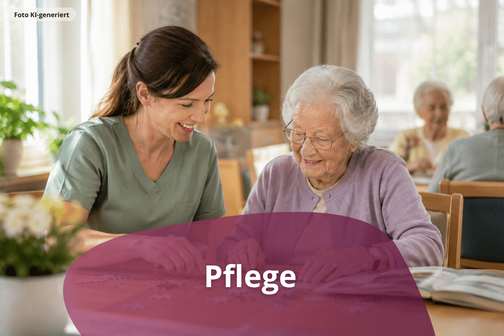 Pflegefachkraft in der Tagespflege betreut eine ältere Dame am Vormittag.