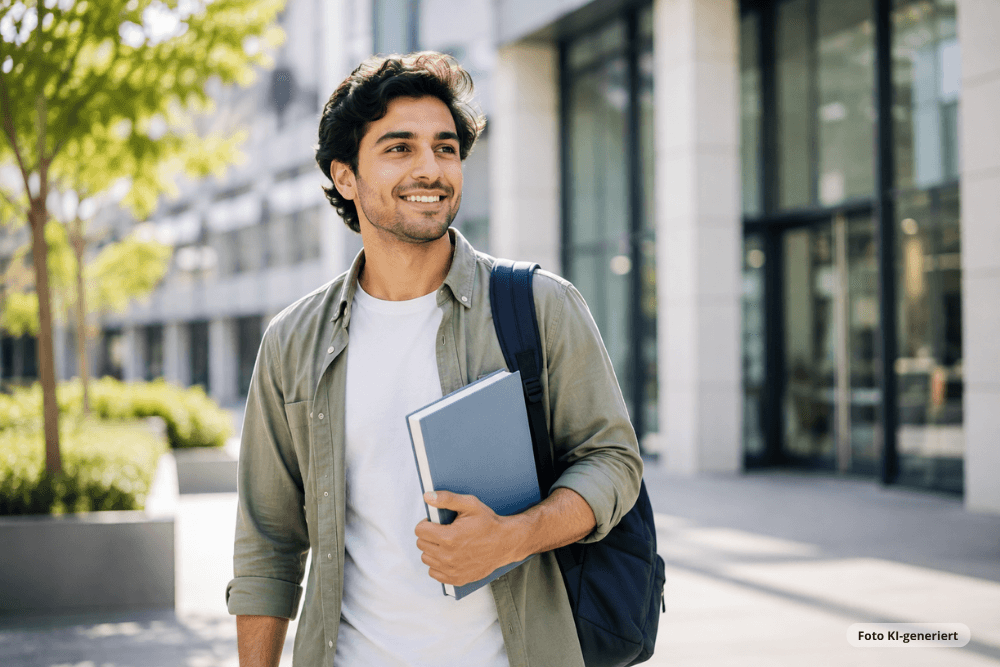 Junger Mann mit Rucksack und Buch auf dem Weg zum dualen Pflegestudium.