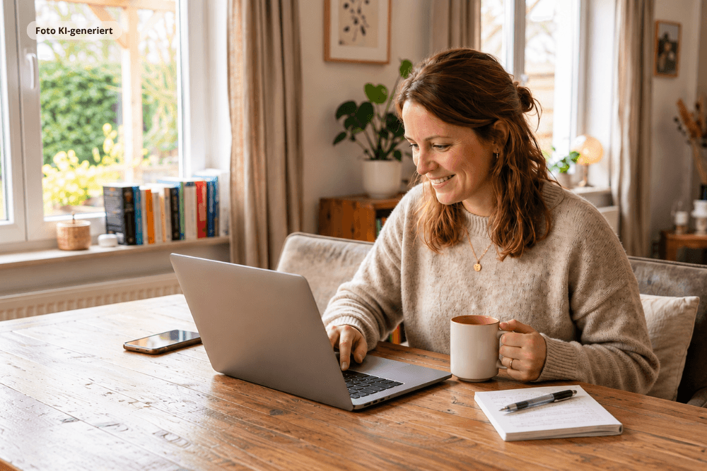 Lächelnde Frau lernt zu Hause am Laptop an einem gemütlichen Holztisch. Mit einer Tasse Kaffee und Notizen nutzt sie die Möglichkeit, sich flexibel im eigenen Tempo weiterzubilden.