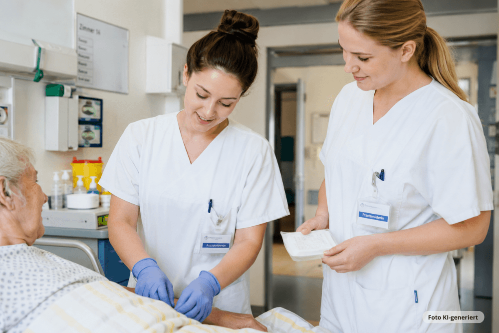 Pflegeauszubildende bei der praktischen Ausbildung auf einer Krankenhausstation, begleitet von einer Praxisanleiterin.