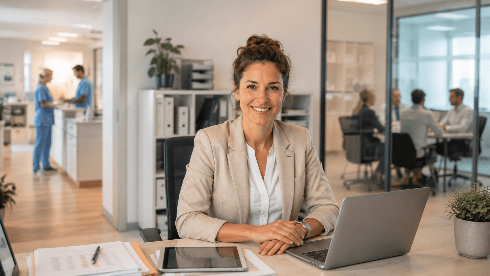 praxismanagerin mfa bei der arbeit vor dem laptop