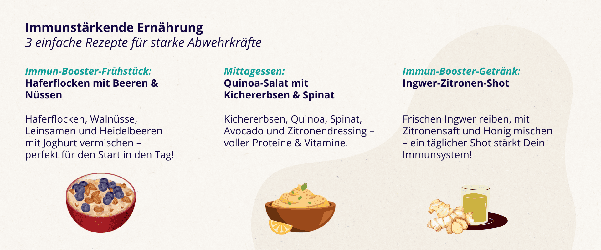 Drei Rezepte für starke Abwehrkräfte: Haferflocken mit Beeren und Nüssen, Quinoa-Salat mit Kichererbsen und Spinat, Ingwer-Zitronen-Shot