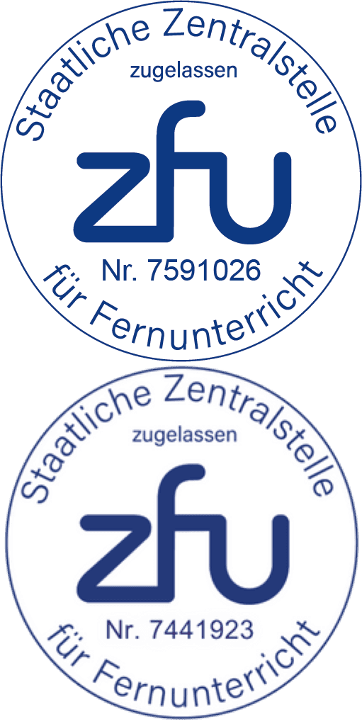 Zwei runde ZFU-Siegel „Staatliche Zentralstelle für Fernunterricht zugelassen“ mit Nummern 7591026 und 7441923.