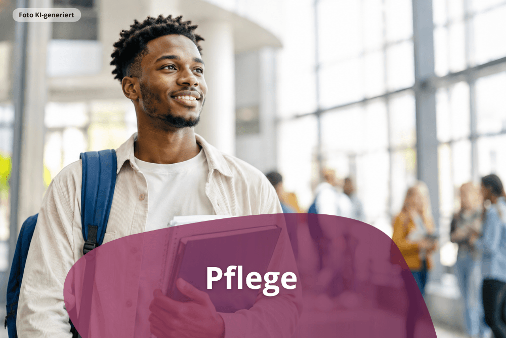 Lächelnder Student mit Rucksack und Unterlagen auf dem Weg zum Pflegestudium nach der Ausbildung