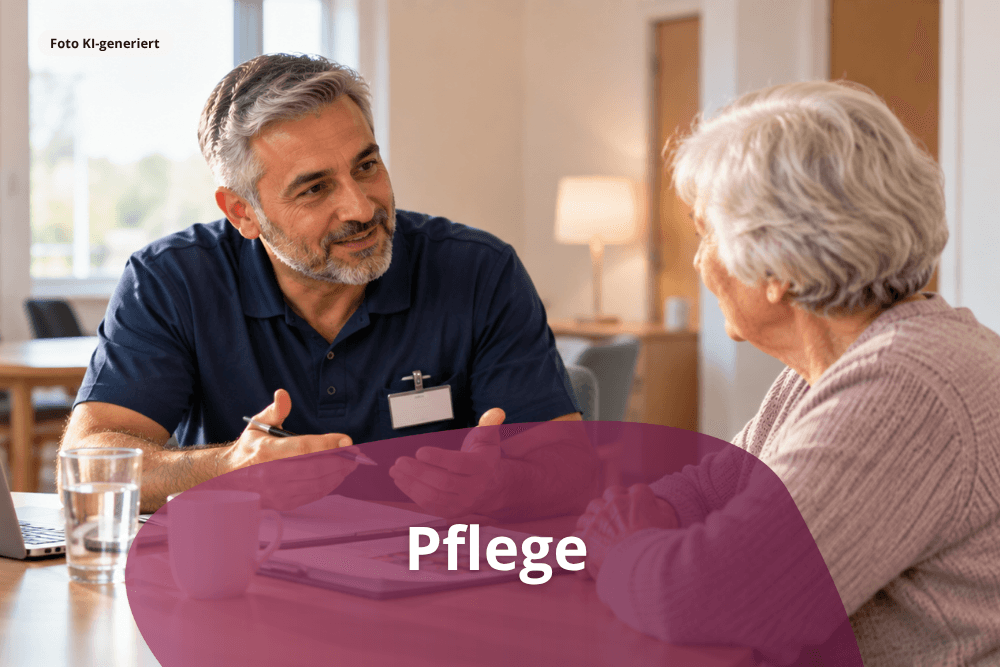 Pflegeberater mit grauen Haaren im persönlichen Beratungsgespräch mit einer älteren Frau. Beide sitzen an einem Tisch und besprechen gemeinsam Unterlagen zur Pflegeversorgung.
