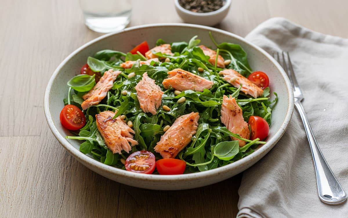 Ein frischer Salat mit gegrilltem Lachs, Rucola, Kirschtomaten und Pinienkernen in einer weißen Schüssel, serviert auf einem Holztisch mit Gabel und Serviette.