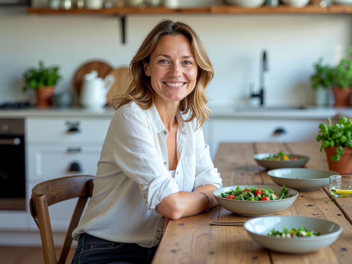 Eine lächelnde Frau sitzt an einem Holztisch neben Schüsseln mit Salat in einer hellen Küche, umgeben von grünen Pflanzen und Kochutensilien.