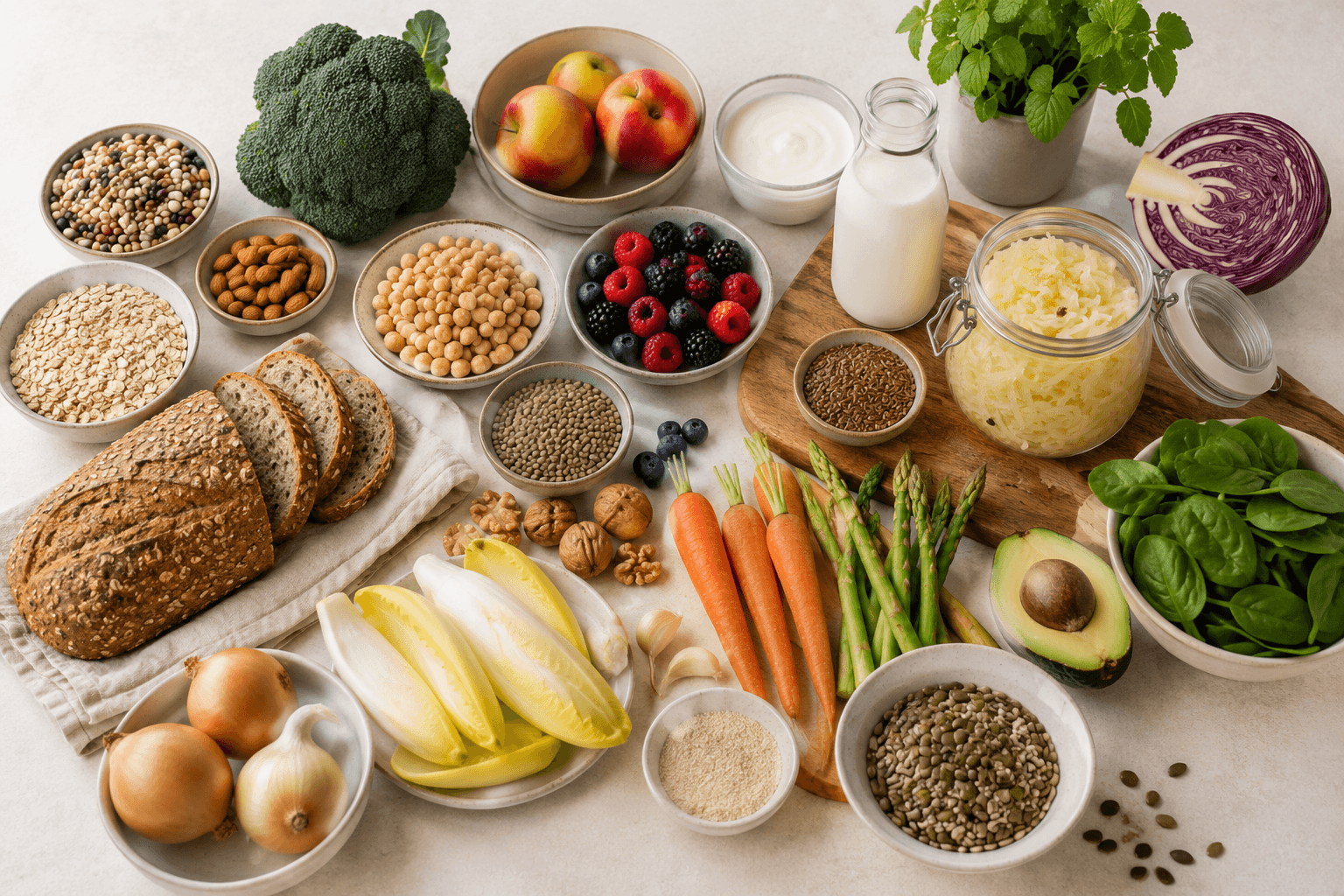 Ballaststoffreiche Lebensmittel mit Vollkorn, Hülsenfrüchten, Gemüse, Obst, Nüssen sowie Naturjoghurt, Kefir und Sauerkraut zur Unterstützung eines gesunden Darmmikrobioms.