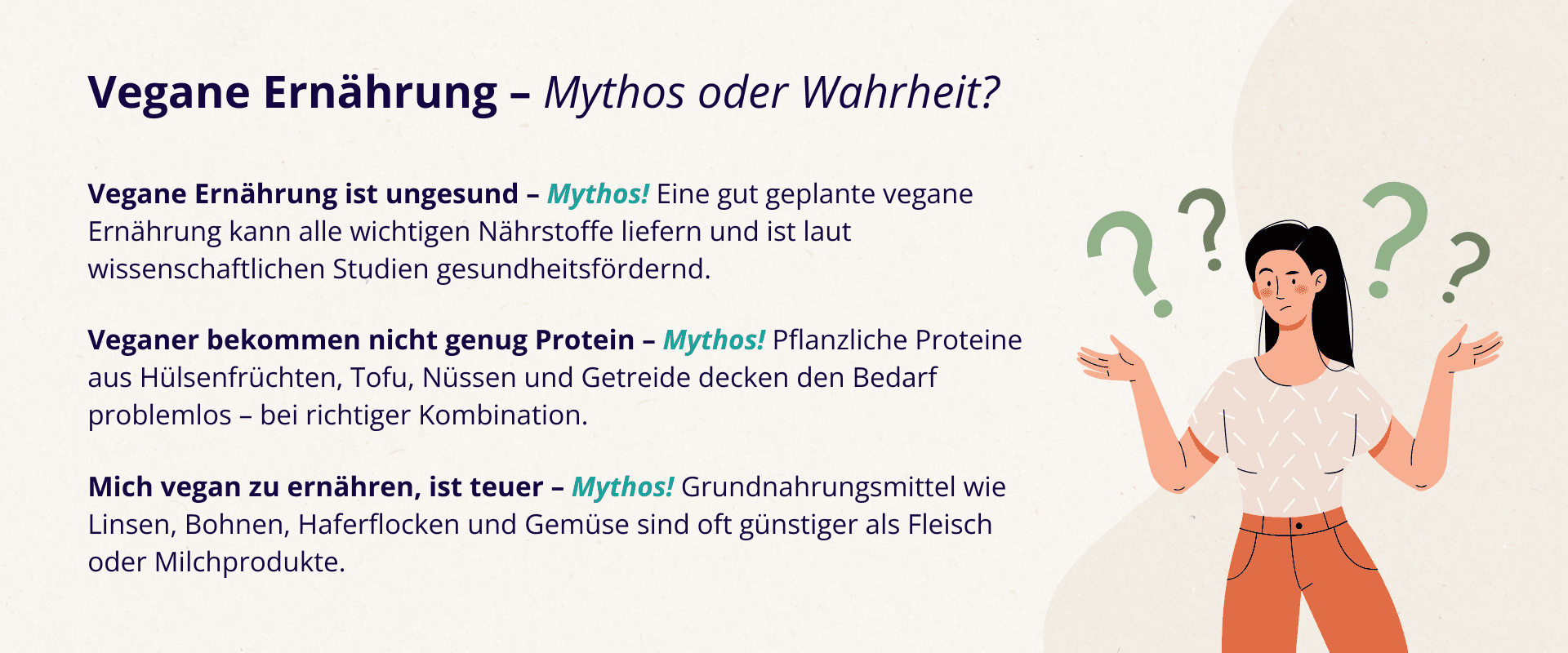 Infografik über vegane Ernährung mit Mythos und Wahrheit.
