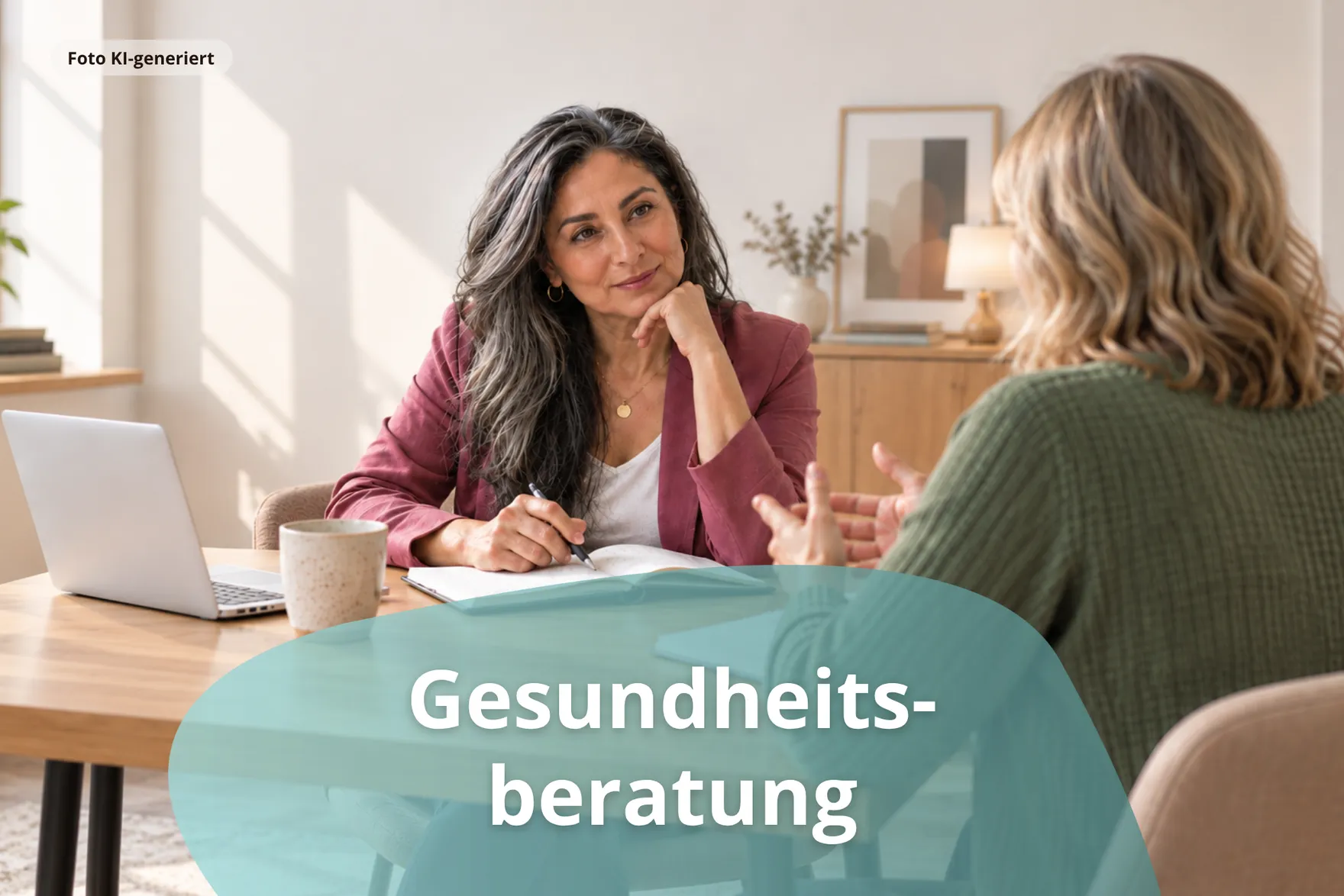 Zwei Frauen in einer persönlichen Beratungssituation. Eine Beraterin mit langen grau-schwarzen Haaren hört einer Frau aufmerksam zu und macht sich Notizen.